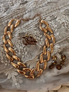 Gold-tone Drop Chandelier Earrings, Peacock Novelty Ring, and Necklace Set